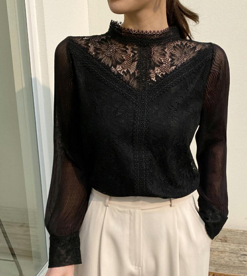 プリーツスリーブレースブラウス・全2色・b71849 レディース 【bl】ブラウス トップス 長袖 パステル レース 花柄 異素材 プリーツ 花 ハーフネック 単色 透け感 春 秋 上品 フェミニン きれいめ 大人っぽ 高級感 韓国ファッション ハイホリHIHOLLI