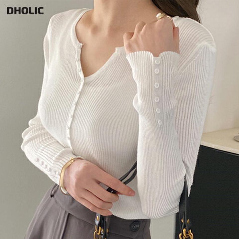 【今だけこの価格】スリットネックボタンニット・全3色・b71848 レディース 【tops】トップス 長袖 リブニット ニット リブ スリット ボタン 鎖骨 デコルテ見せ 単色 無地 シンプル 春 秋 カジュアル スリム パステル 韓国ファッション ハイホリHIHOLLI セール