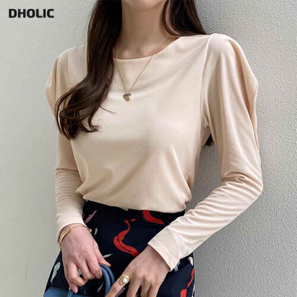 パフスリーブラウンドネックTシャツ・全4色・t71850 レディース 【tops】トップス 長袖 パステル 無地 単色 シンプル 秋 冬 オフィスカジュアル パフスリーブ パフ袖 きれいめ カジュアル 大人っぽ 韓国ファッション ハイホリHIHOLLI