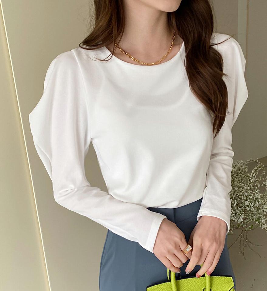 パフスリーブラウンドネックTシャツ・全4色・t71850 レディース 【tops】トップス 長袖 パステル 無地 単色 シンプル 秋 冬 オフィスカジュアル パフスリーブ パフ袖 きれいめ カジュアル 大人っぽ 韓国ファッション ハイホリHIHOLLI