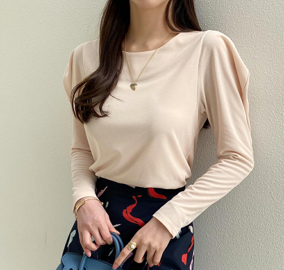 パフスリーブラウンドネックTシャツ・全4色・t71850 レディース 【tops】トップス 長袖 パステル 無地 単色 シンプル 秋 冬 オフィスカジュアル パフスリーブ パフ袖 きれいめ カジュアル 大人っぽ 韓国ファッション ハイホリHIHOLLI