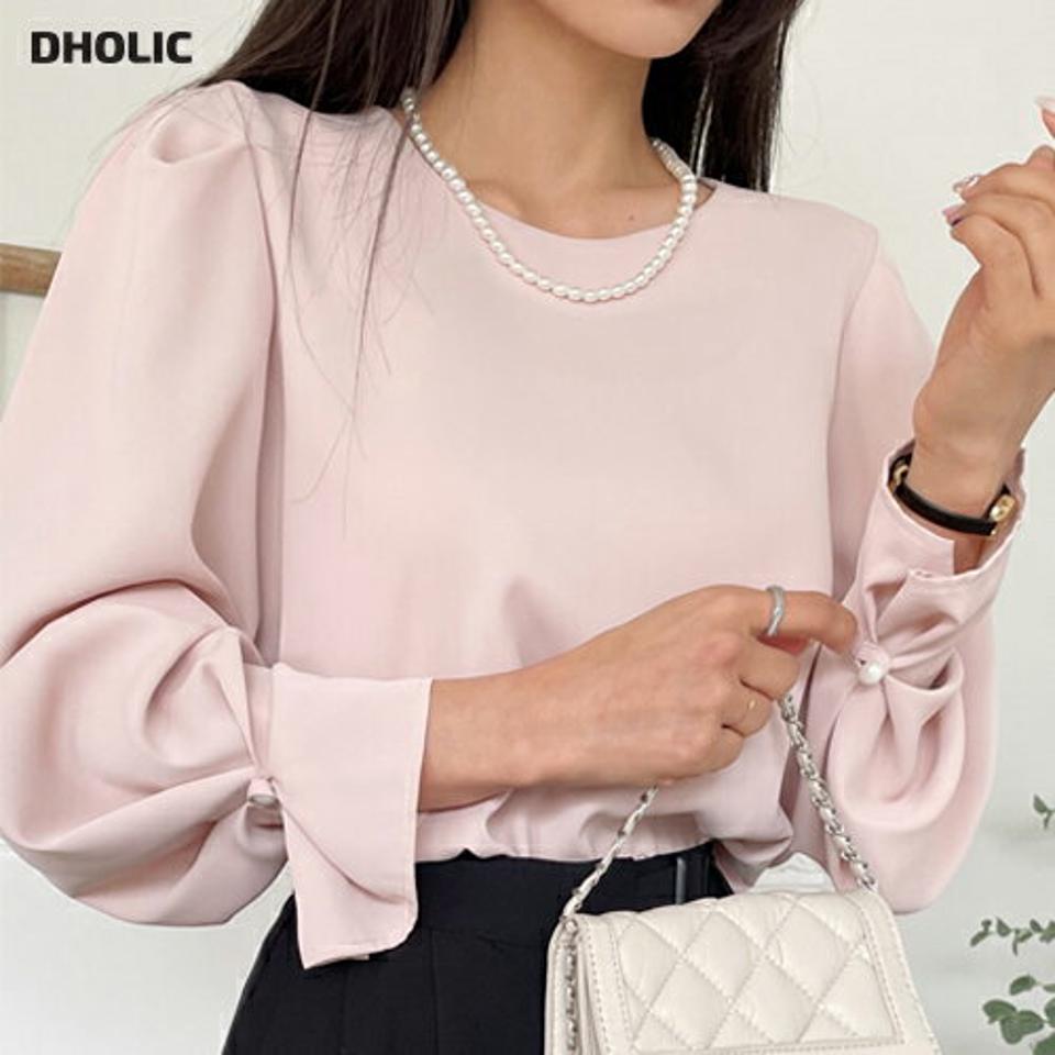 2WAYフェイクパールパフブラウス・全3色・b00248 レディース 【bl】韓国ファッション トップス ブラウス 長袖 ラウンドネック フェイクパール パフスリーブ 無地 シンプル かわいい ピンク カジュアル フェミニン 体型カバー ガーリー 春 秋 冬