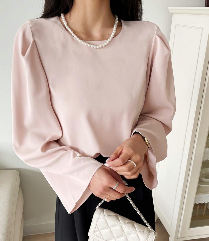 2WAYフェイクパールパフブラウス・全3色・b00248 レディース 【bl】韓国ファッション トップス ブラウス 長袖 ラウンドネック フェイクパール パフスリーブ 無地 シンプル かわいい ピンク カジュアル フェミニン 体型カバー ガーリー 春 秋 冬