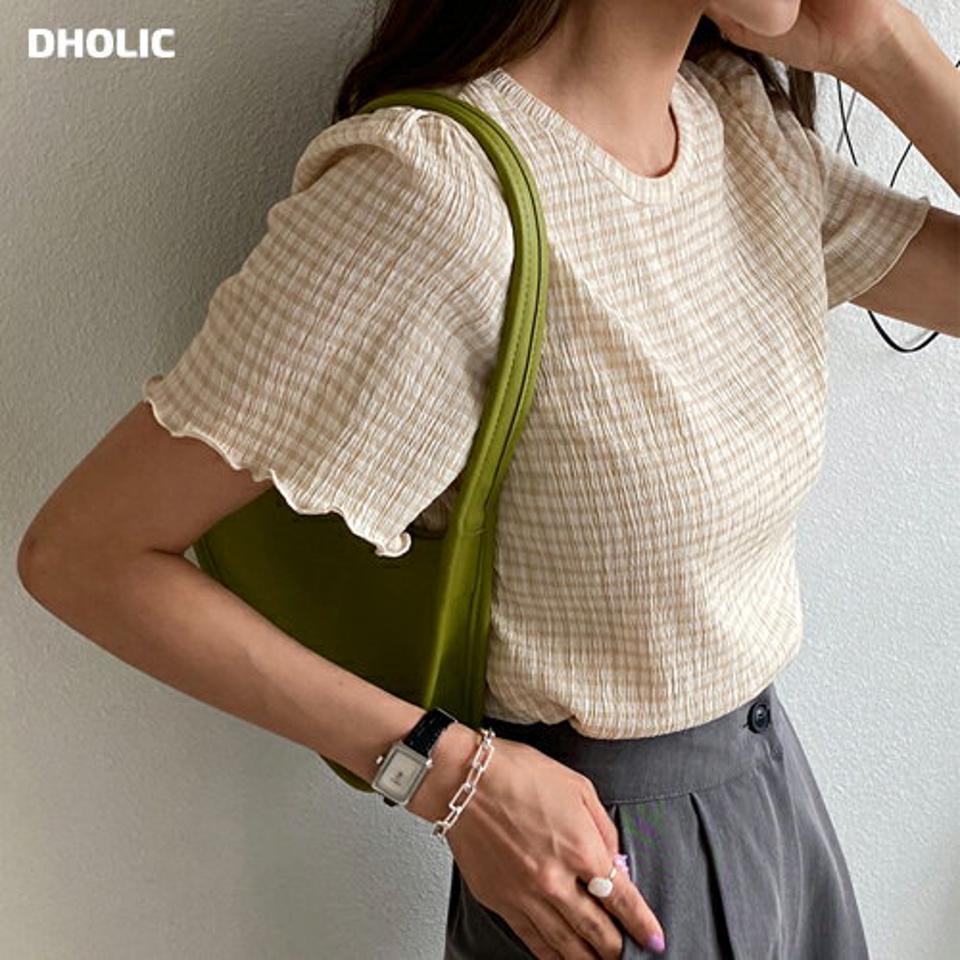 ≪人気商品再入荷≫チェックパターン半袖ブラウス・全5色・e66717 レディース 【bl】韓国ファッション トップス ブラウス 半袖 ラウンドネック チェック柄 メロウ シンプル かわいい カジュアル フェミニン ガーリー 春 夏 秋 冬