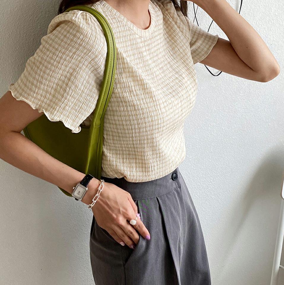 ≪人気商品再入荷≫チェックパターン半袖ブラウス・全5色・e66717 レディース 【bl】韓国ファッション トップス ブラウス 半袖 ラウンドネック チェック柄 メロウ シンプル かわいい カジュアル フェミニン ガーリー 春 夏 秋 冬