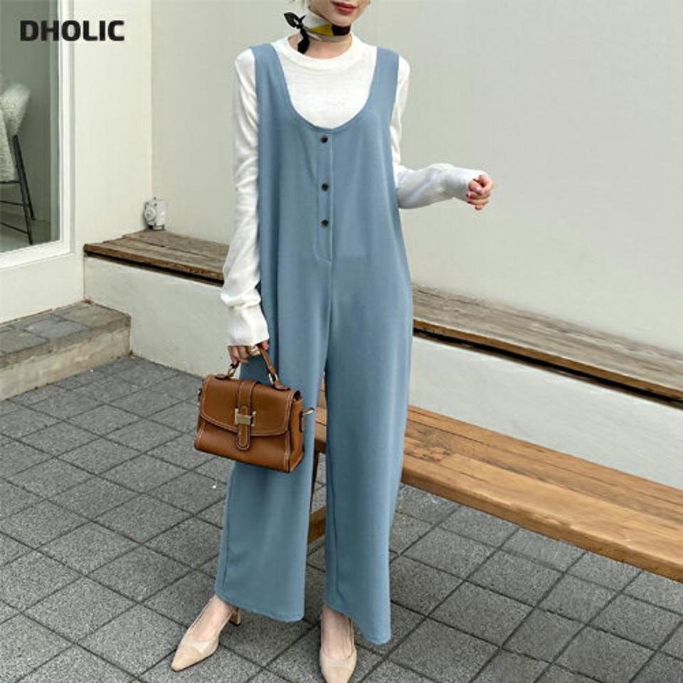 ノースリワイドオールインワン・全3色・t71859 レディース 【pt】パンツ オールインワン ノースリーブ ロング 丈 単色 無地 シンプル ワイド ストレート ボタン パステル くすみ カジュアル かわいい 可愛い 韓国ファッション ハイホリHIHOLLI