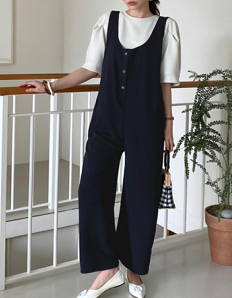 ノースリワイドオールインワン・全3色・t71859 レディース 【pt】パンツ オールインワン ノースリーブ ロング 丈 単色 無地 シンプル ワイド ストレート ボタン パステル くすみ カジュアル かわいい 可愛い 韓国ファッション ハイホリHIHOLLI