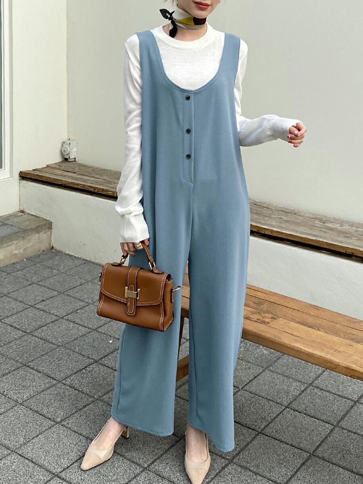 ノースリワイドオールインワン・全3色・t71859 レディース 【pt】パンツ オールインワン ノースリーブ ロング 丈 単色 無地 シンプル ワイド ストレート ボタン パステル くすみ カジュアル かわいい 可愛い 韓国ファッション ハイホリHIHOLLI