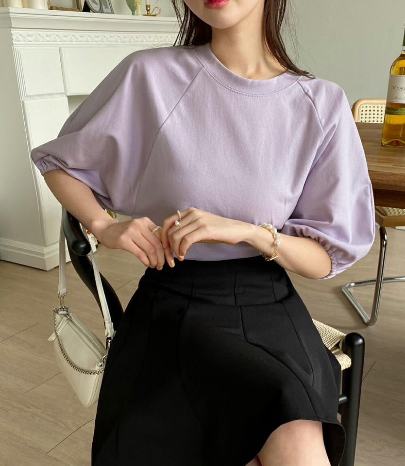 ラグランパフ半袖Tシャツ・全5色・t00257 レディース 【tops】韓国ファッション トップス Tシャツ 大人 半袖 ラウンドネック ラグラン パフスリーブ かわいい 無地 ベーシック シンプル フェミニン カジュアル デイリー 春 夏 秋 冬