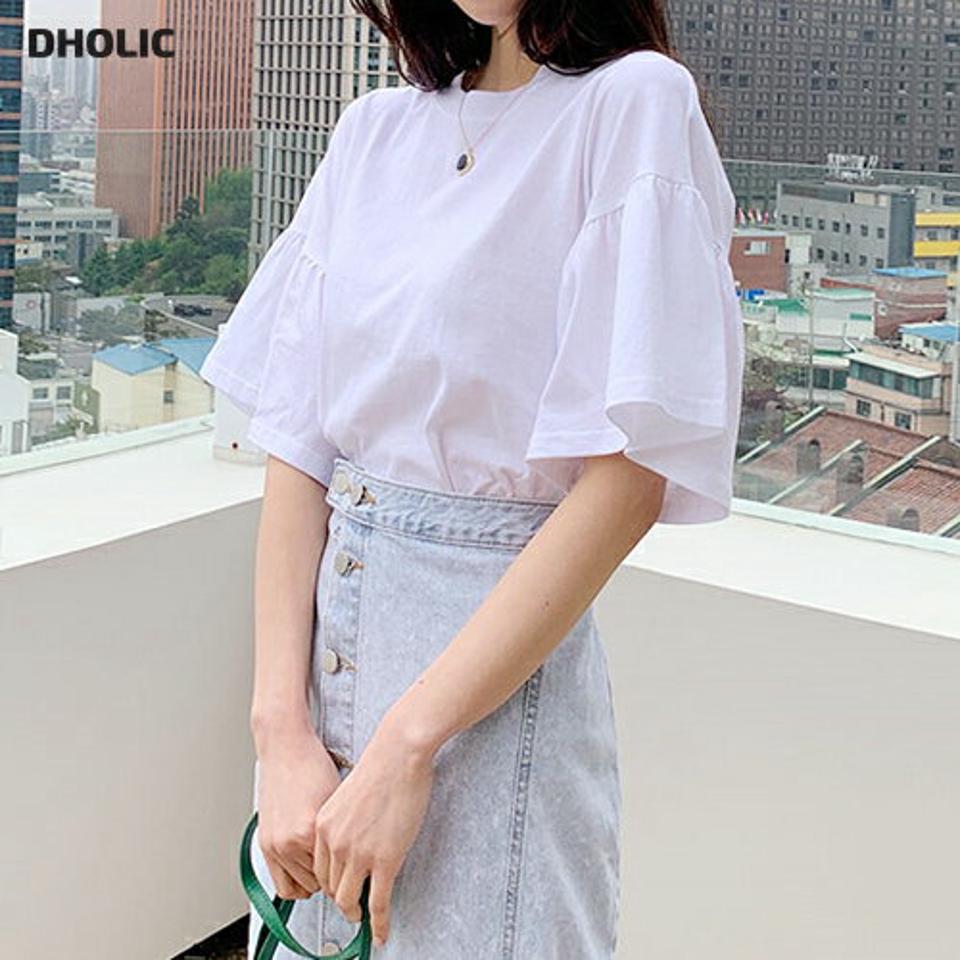 ≪人気商品再入荷≫フレアスリーブTシャツ・全4色・e71670 レディース 【tops】韓国ファッション トップス Tシャツ 大人 半袖 ラウンドネック フレアスリーブ ギャザー 無地 シンプル フェミニン カジュアル 二の腕カバー 春 夏 秋 冬