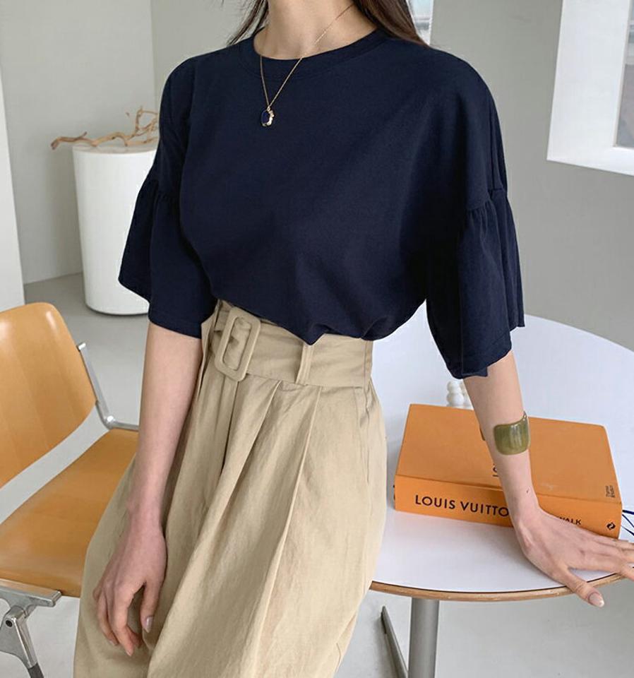≪人気商品再入荷≫フレアスリーブTシャツ・全4色・e71670 レディース 【tops】韓国ファッション トップス Tシャツ 大人 半袖 ラウンドネック フレアスリーブ ギャザー 無地 シンプル フェミニン カジュアル 二の腕カバー 春 夏 秋 冬