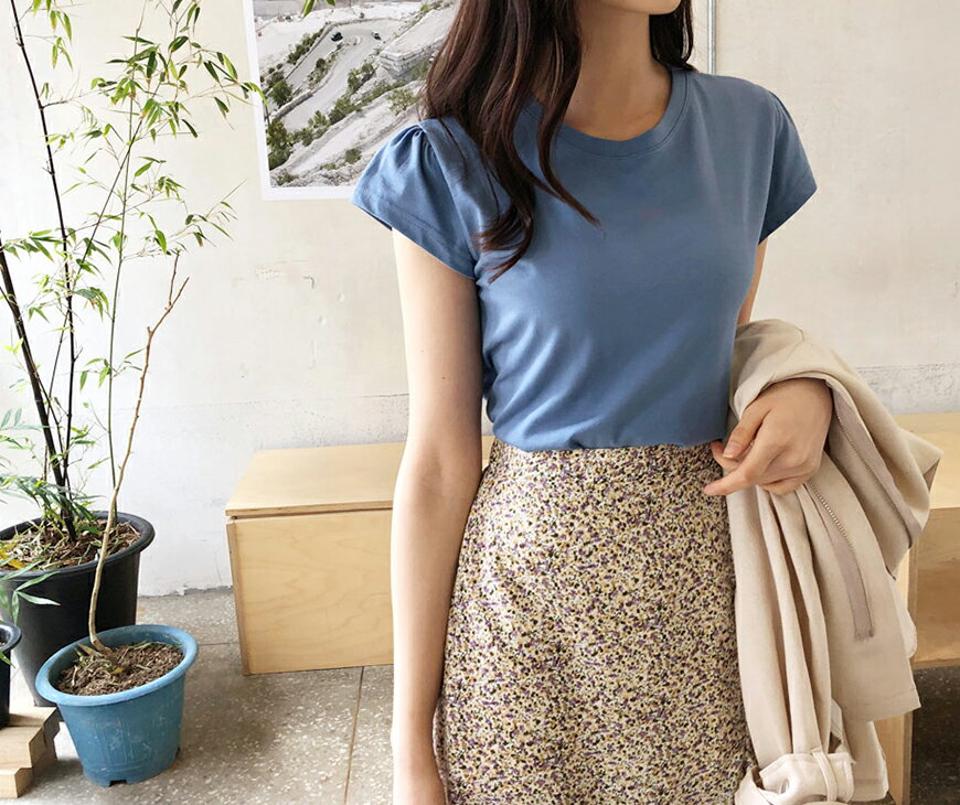 ≪人気商品再入荷≫ギャザーフレンチスリーブTシャツ・全4色・e66297 レディース 【tops】韓国ファッション トップス Tシャツ 半袖 ラウンドネック ギャザー フレンチスリーブ 無地 ベーシック シンプル フェミニン カジュアル 二の腕カバー 春 夏