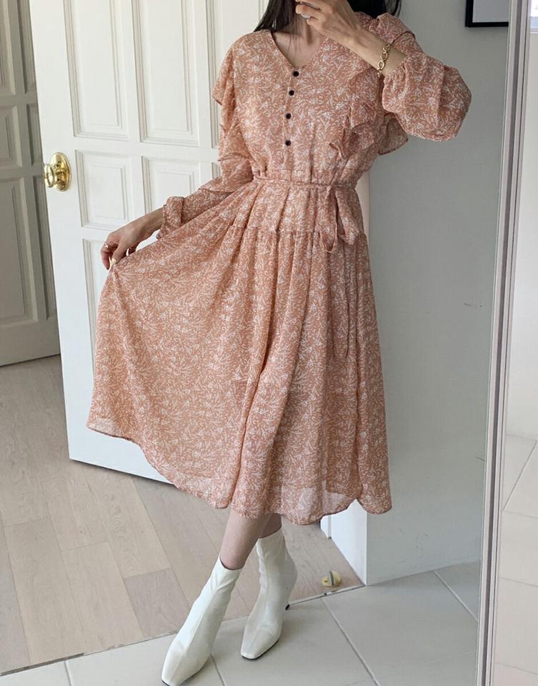ストラップ付花柄フリルワンピース・全3色・b66781 レディース 【ops】韓国ファッション ワンピース ロング ロングワンピース 長袖 Vネック ストラップ付 花柄 フラワー フローラル フリル ロング丈 シンプル フェミニン 春 秋 冬