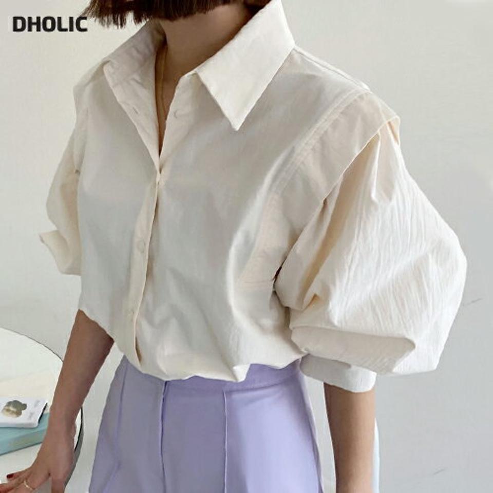 パフスリーブシャツブラウス・全2色・t66777 レディース 【bl】韓国ファッション トップス ブラウス 7分袖 カラーネック パフスリーブ シャツブラウス 無地 シンプル かわいい カジュアル フェミニン ガーリー 春 秋 冬