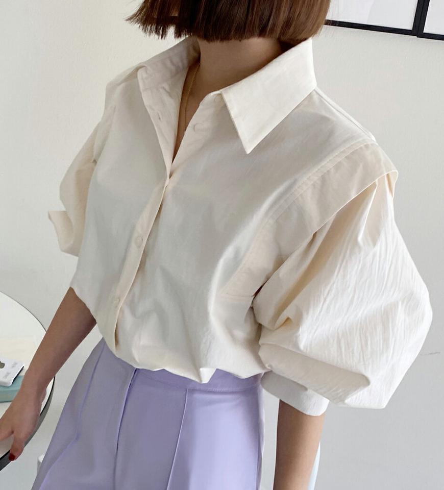 パフスリーブシャツブラウス・全2色・t66777 レディース 【bl】韓国ファッション トップス ブラウス 7分袖 カラーネック パフスリーブ シャツブラウス 無地 シンプル かわいい カジュアル フェミニン ガーリー 春 秋 冬