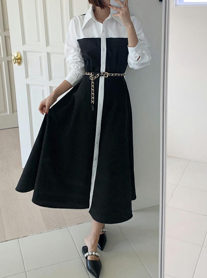ベルト付バイカラーシャツワンピース・全3色・b66784 レディース 【ops】韓国ファッション ワンピース ロング ロングワンピース 長袖 カラーネック ベルト付 バイカラー シャツワンピース ロング丈 無地 シンプル フェミニン 春 秋 冬