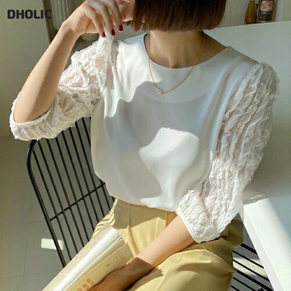 リンクルスリーブブラウス・全3色・b66782 レディース 【bl】韓国ファッション トップス ブラウス 7分袖 ラウンドネック リンクル パフスリーブ シンプル かわいい 可愛い カジュアル フェミニン ガーリー 春 秋 冬