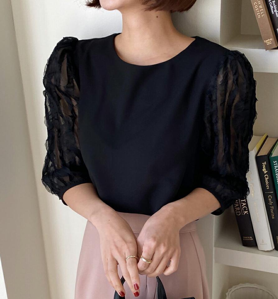 リンクルスリーブブラウス・全3色・b66782 レディース 【bl】韓国ファッション トップス ブラウス 7分袖 ラウンドネック リンクル パフスリーブ シンプル かわいい 可愛い カジュアル フェミニン ガーリー 春 秋 冬