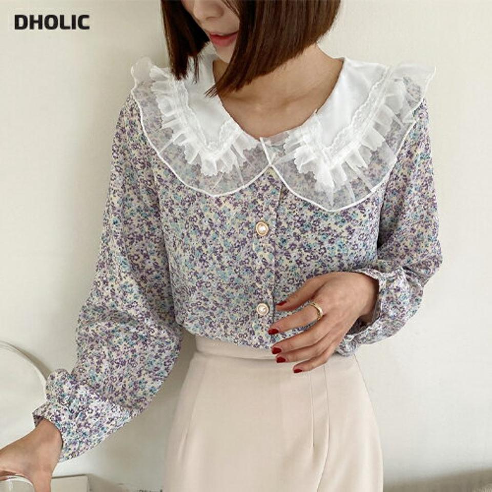 小花柄パール調ボタンカラーブラウス・全3色・b66774 レディース 【bl】韓国ファッション トップス ブラウス 長袖 Vネック 小花柄 花柄 フラワー フローラル パール調 ボタン シンプル かわいい カジュアル フェミニン ガーリー 春 秋 冬