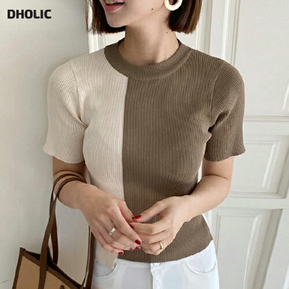 コントラストカラー半袖ニット・全3色・b66772 レディース 【tops】韓国ファッション トップス ニット 大人 半袖 ラウンドネック コントラスト クロップド丈 シンプル フェミニン カジュアル デイリー 春 夏 バイカラー 秋 冬