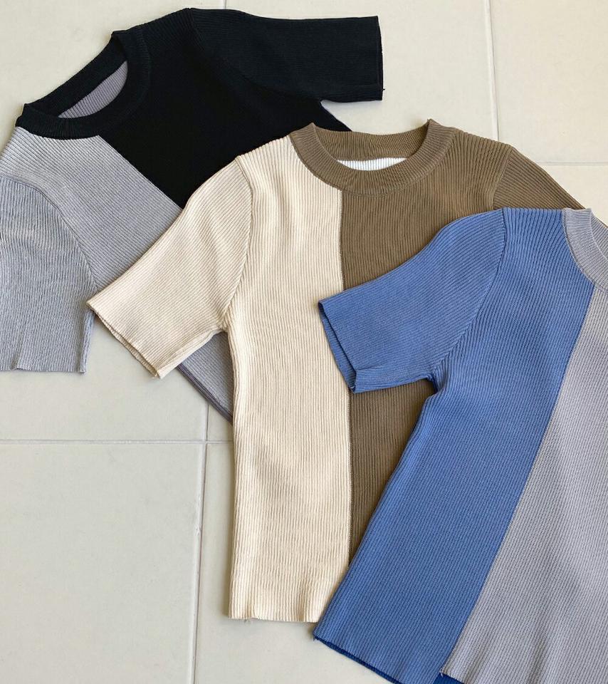 コントラストカラー半袖ニット・全3色・b66772 レディース 【tops】韓国ファッション トップス ニット 大人 半袖 ラウンドネック コントラスト クロップド丈 シンプル フェミニン カジュアル デイリー 春 夏 バイカラー 秋 冬