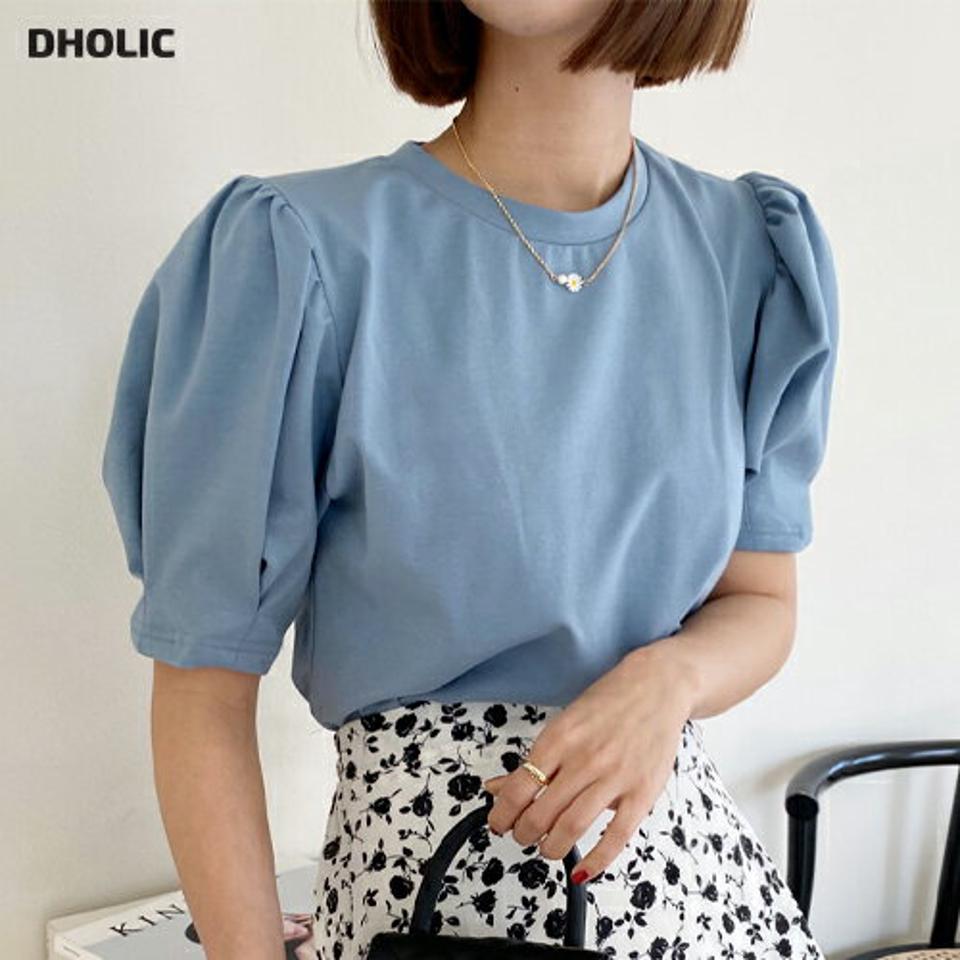 【タイム特価】ラウンドパフTシャツ・全4色・e66767 レディース 【tops】韓国ファッション トップス Tシャツ 大人 半袖 ラウンドネック パフスリーブ かわいい 無地 シンプル フェミニン カジュアル デイリー 青 春 夏 秋 冬 【TS】セール