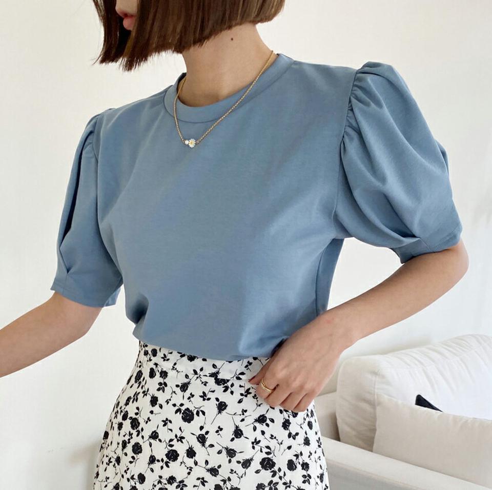 【タイム特価】ラウンドパフTシャツ・全4色・e66767 レディース 【tops】韓国ファッション トップス Tシャツ 大人 半袖 ラウンドネック パフスリーブ かわいい 無地 シンプル フェミニン カジュアル デイリー 青 春 夏 秋 冬 【TS】セール