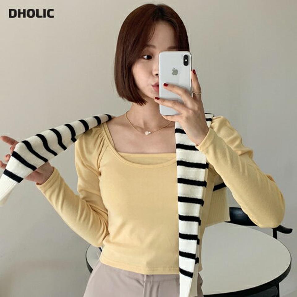 ギャザーTシャツ&キャミソールSET・全4色・t66770 レディース 【tops】韓国ファッション トップス Tシャツ キャミソール セット 大人 長袖 Uネック ギャザー 無地 シンプル 体型カバー フェミニン カジュアル デイリー 春 秋 冬