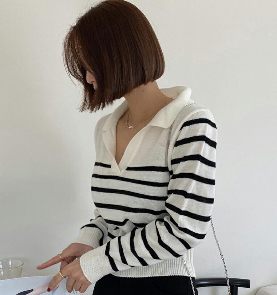 ボーダーカラーニット・全4色・t66773 レディース 【tops】韓国ファッション トップス ニット 大人 長袖 カラーネック ネックスリット オープンカラー ボーダー シンプル フェミニン カジュアル デイリー 春 秋 冬