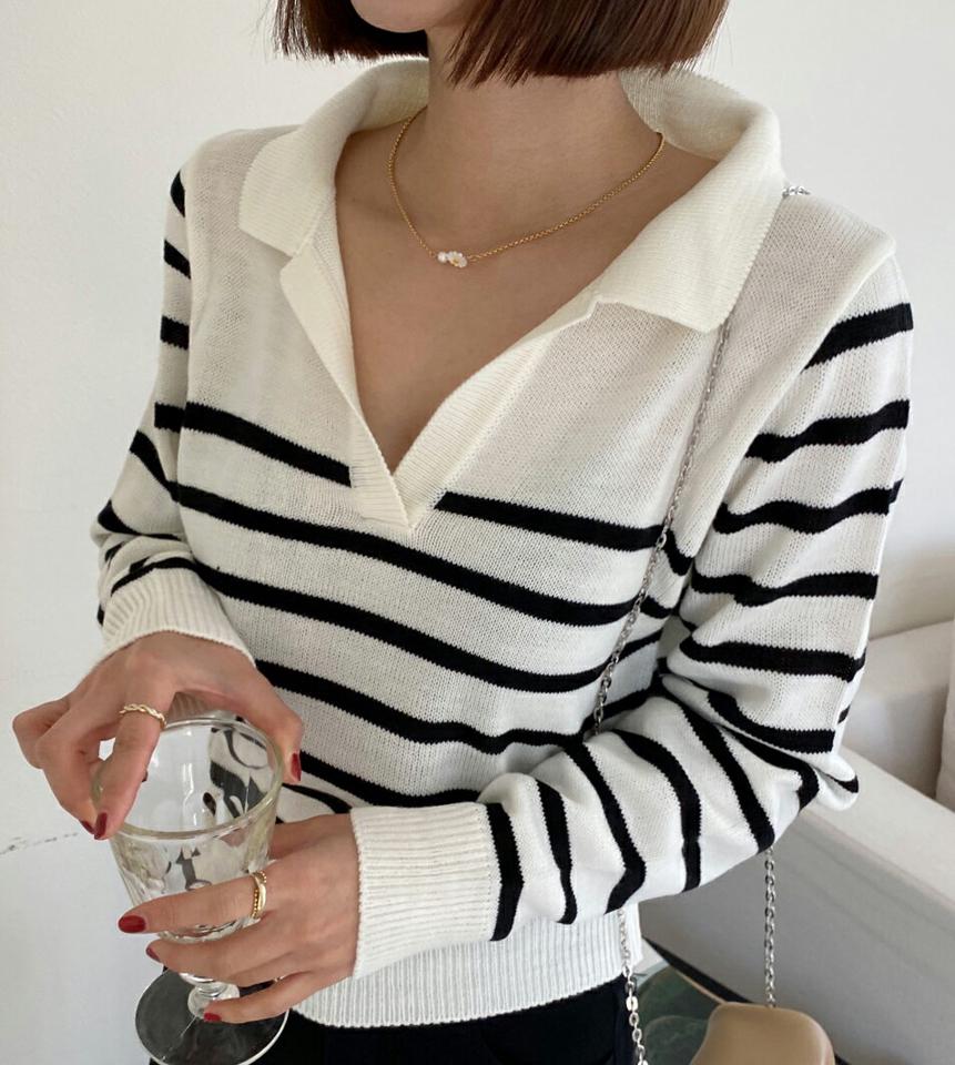 ボーダーカラーニット・全4色・t66773 レディース 【tops】韓国ファッション トップス ニット 大人 長袖 カラーネック ネックスリット オープンカラー ボーダー シンプル フェミニン カジュアル デイリー 春 秋 冬