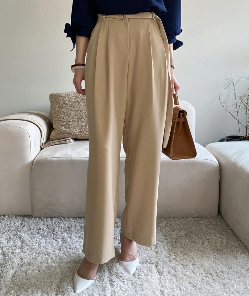 ベルト付バックゴムワイドスラックス・全3色・t71912 レディース 【pt】スラックス パンツ ロング 丈 ワイド 単色 無地 シンプル 春 夏 秋 冬 オフィスカジュアル ワイド ベルト ストレート カジュアル ハイウエスト 韓国ファッション ハイホリHIHOLLI