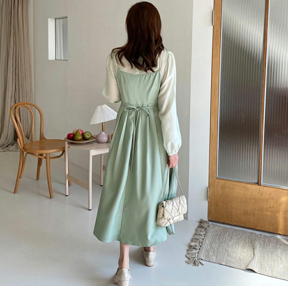 レイヤード風プリーツワンピース・全3色・t00291 レディース 【ops】韓国ファッション ワンピース ロング ロングワンピース 長袖 ラウンドネック レイヤード風 プリーツ 光沢 パフスリーブ ロング丈 シンプル 体型カバー フェミニン 春 秋