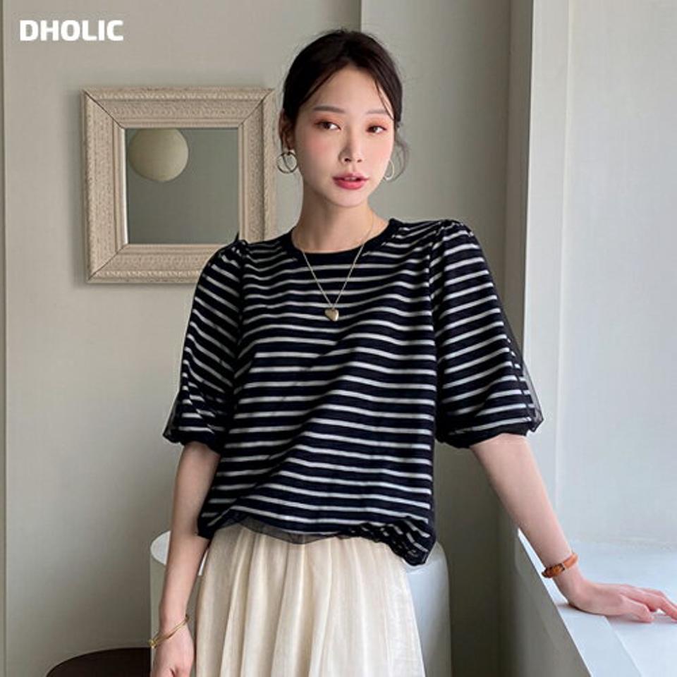 メッシュパフボーダーTシャツ・全2色・b71892 レディース 【tops】トップス 半袖 メッシュ ボーダー 柄 模様 Tシャツ 春 夏 パフ袖 パフスリーブ カジュアル かわいい 可愛い ブラック グレー ユニーク 韓国ファッション ハイホリHIHOLLI