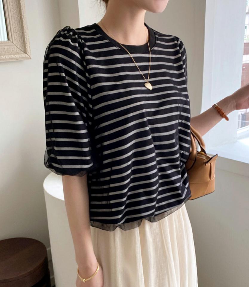 メッシュパフボーダーTシャツ・全2色・b71892 レディース 【tops】トップス 半袖 メッシュ ボーダー 柄 模様 Tシャツ 春 夏 パフ袖 パフスリーブ カジュアル かわいい 可愛い ブラック グレー ユニーク 韓国ファッション ハイホリHIHOLLI