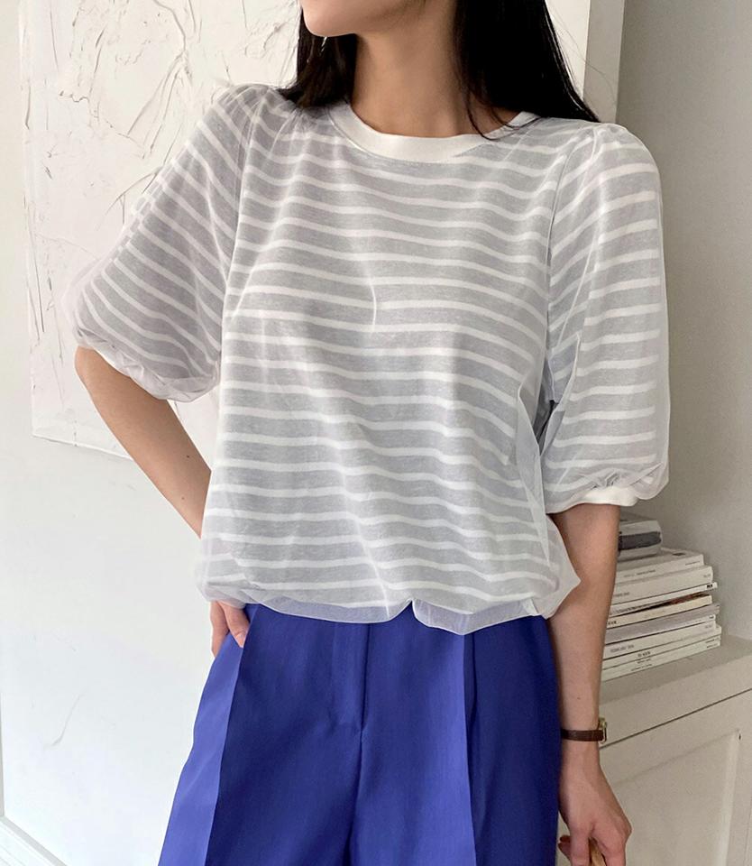 メッシュパフボーダーTシャツ・全2色・b71892 レディース 【tops】トップス 半袖 メッシュ ボーダー 柄 模様 Tシャツ 春 夏 パフ袖 パフスリーブ カジュアル かわいい 可愛い ブラック グレー ユニーク 韓国ファッション ハイホリHIHOLLI