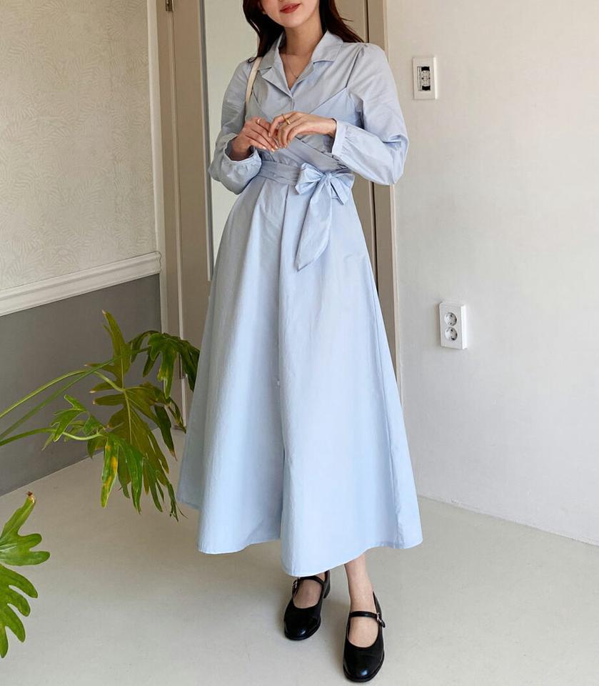 リボンラップシャツワンピース・全4色・t00289 レディース 【ops】韓国ファッション ワンピース ロング ロングワンピース 長袖 カラーネック リボン ラップ カフスボタン シャツワンピース ロング丈 無地 シンプル フェミニン 春 秋 GWセール