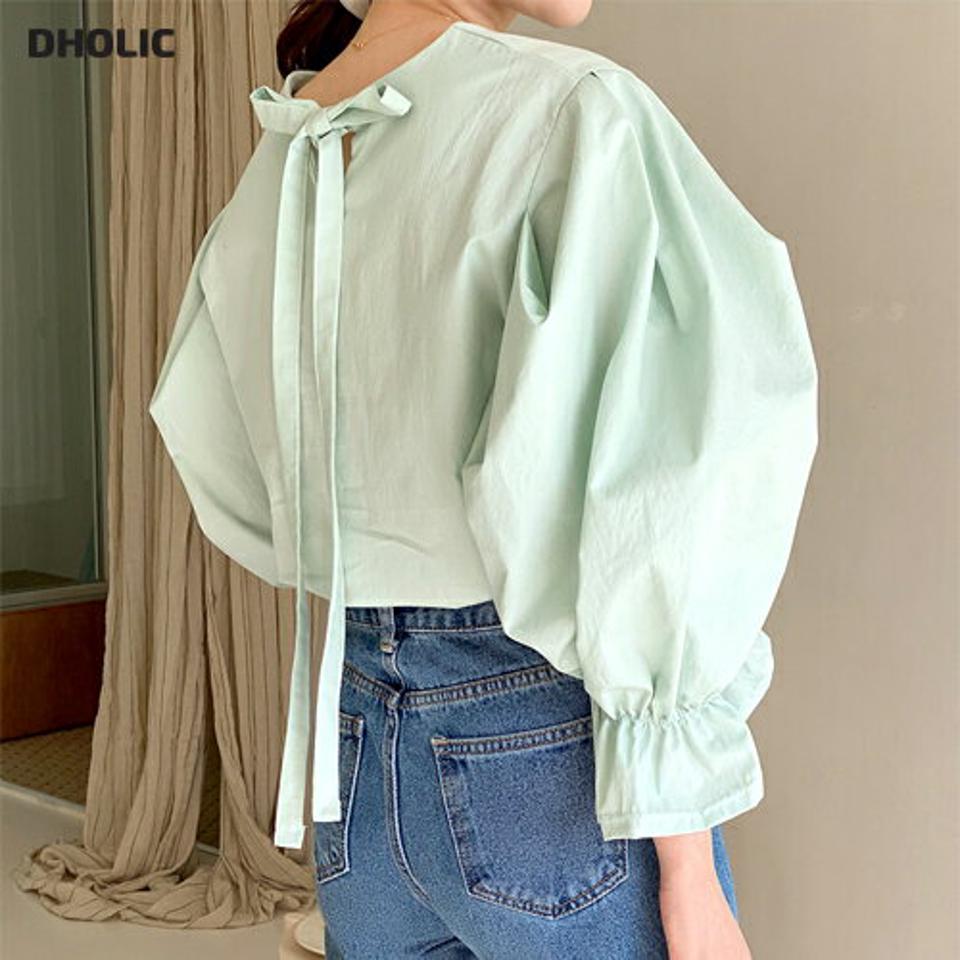 バックリボンパフスリーブブラウス・全5色・b00286 レディース 【bl】韓国ファッション トップス ブラウス 長袖 ラウンドネック リボン パフスリーブ スリット 無地 シンプル かわいい カジュアル フェミニン 春 秋