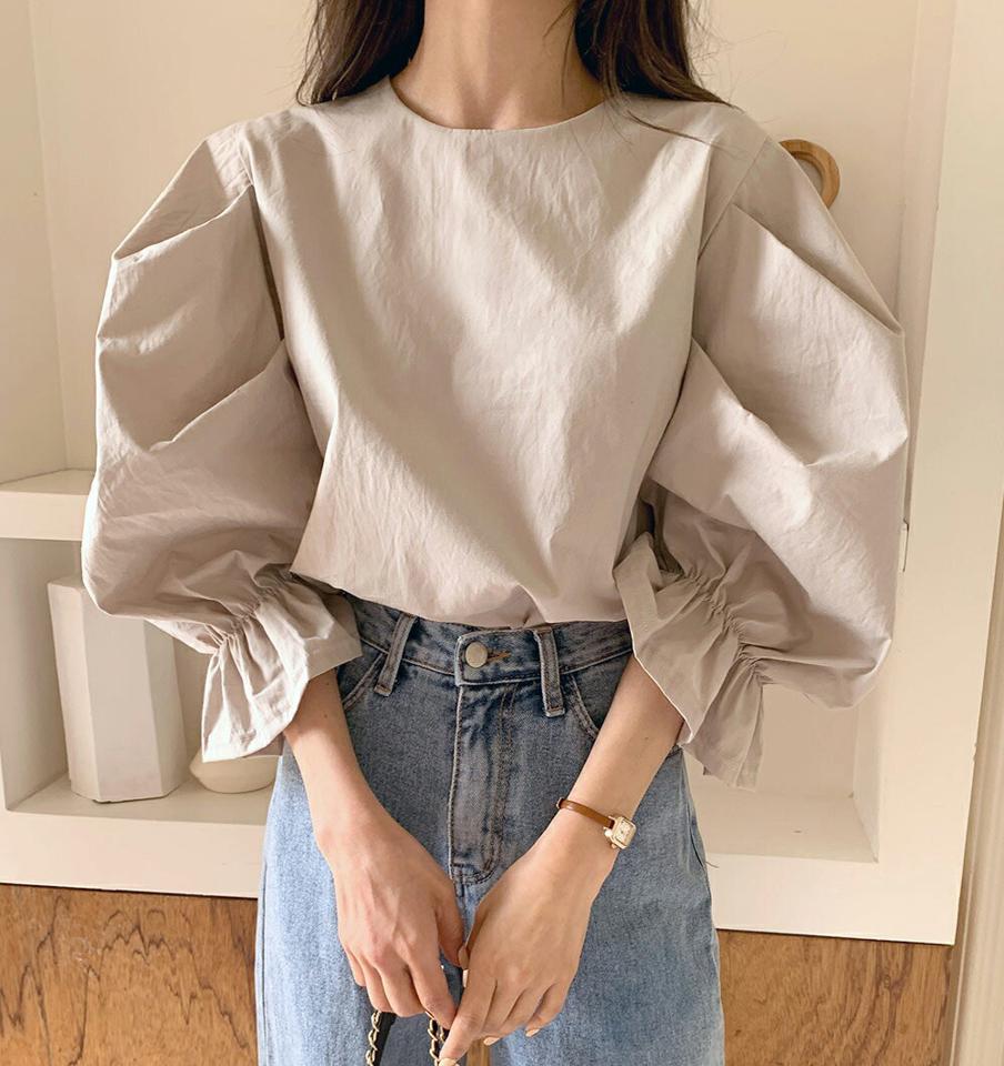 バックリボンパフスリーブブラウス・全5色・b00286 レディース 【bl】韓国ファッション トップス ブラウス 長袖 ラウンドネック リボン パフスリーブ スリット 無地 シンプル かわいい カジュアル フェミニン 春 秋