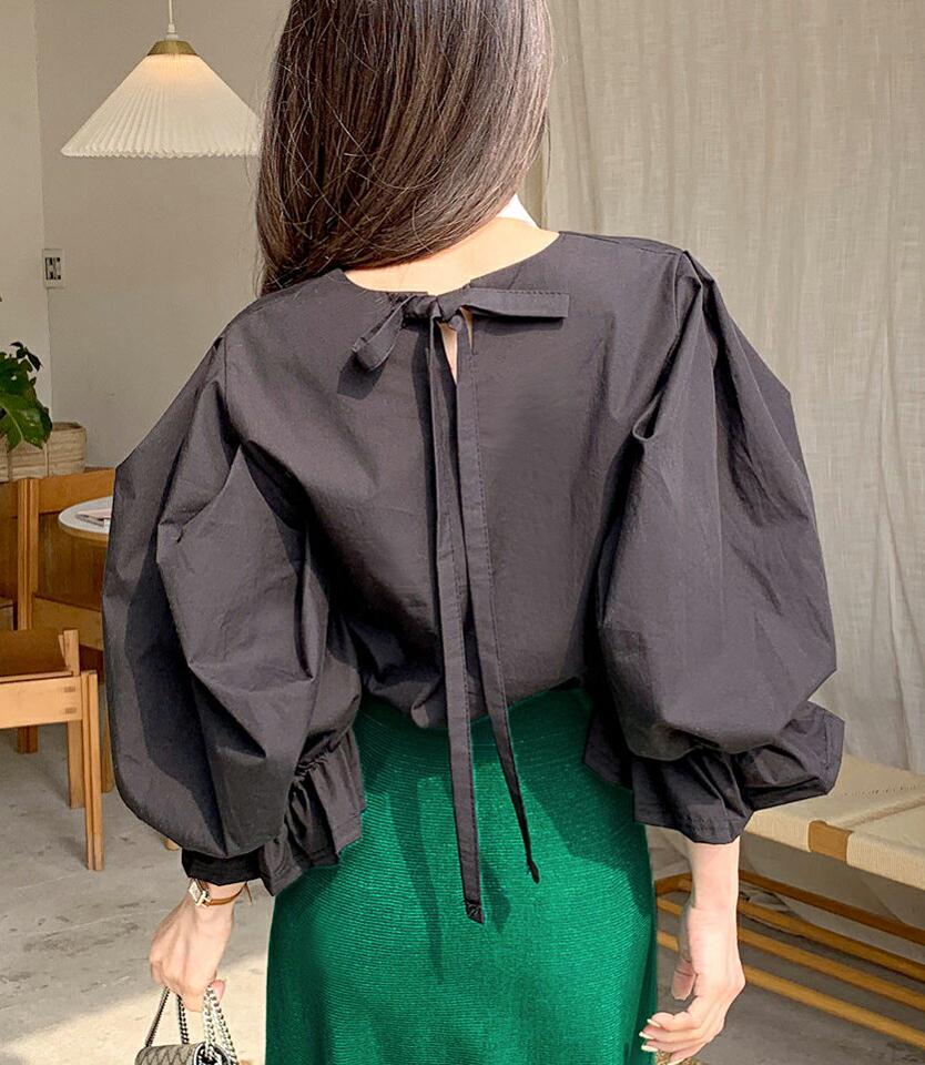 バックリボンパフスリーブブラウス・全5色・b00286 レディース 【bl】韓国ファッション トップス ブラウス 長袖 ラウンドネック リボン パフスリーブ スリット 無地 シンプル かわいい カジュアル フェミニン 春 秋