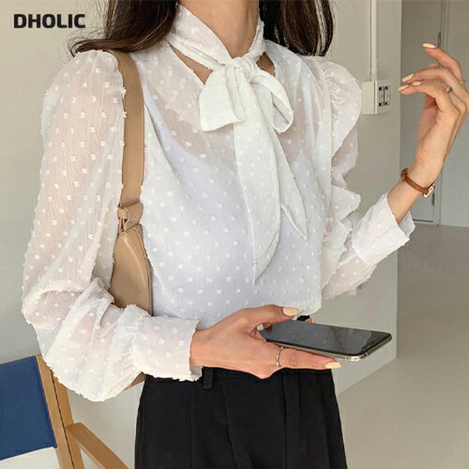 リボンドットテクスチャーブラウス・全2色・t00285 レディース 【bl】韓国ファッション トップス ブラウス 長袖 ラウンドネック リボン ドット柄 テクスチャー シアー シンプル かわいい カジュアル フェミニン 体型カバー 春 秋