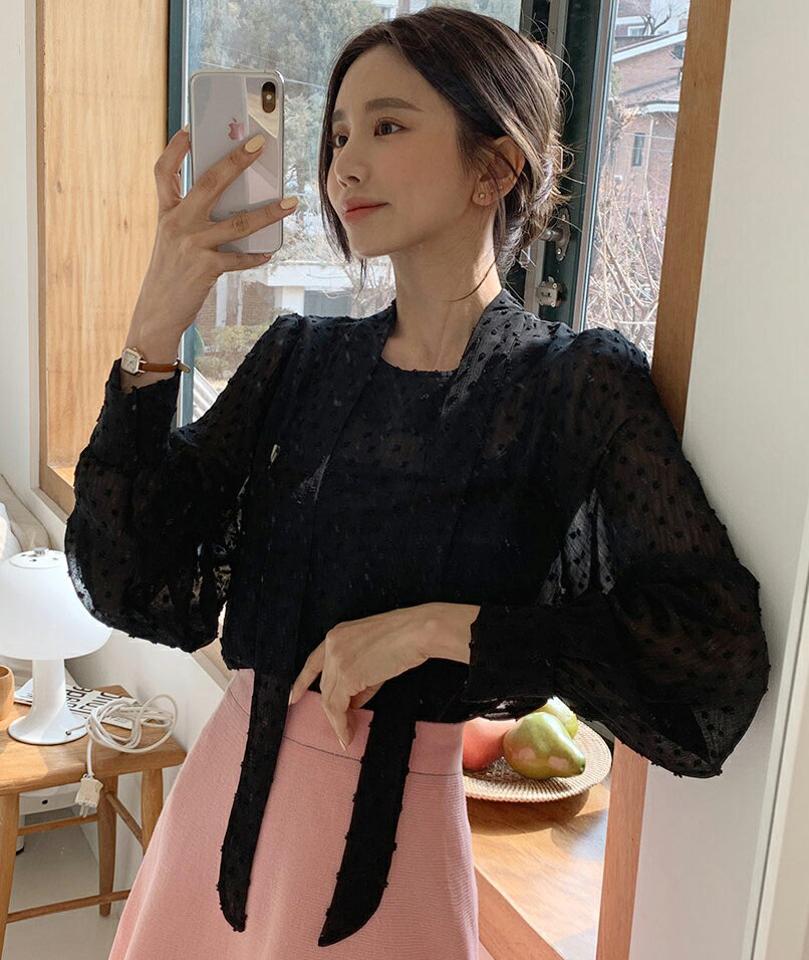 リボンドットテクスチャーブラウス・全2色・t00285 レディース 【bl】韓国ファッション トップス ブラウス 長袖 ラウンドネック リボン ドット柄 テクスチャー シアー シンプル かわいい カジュアル フェミニン 体型カバー 春 秋