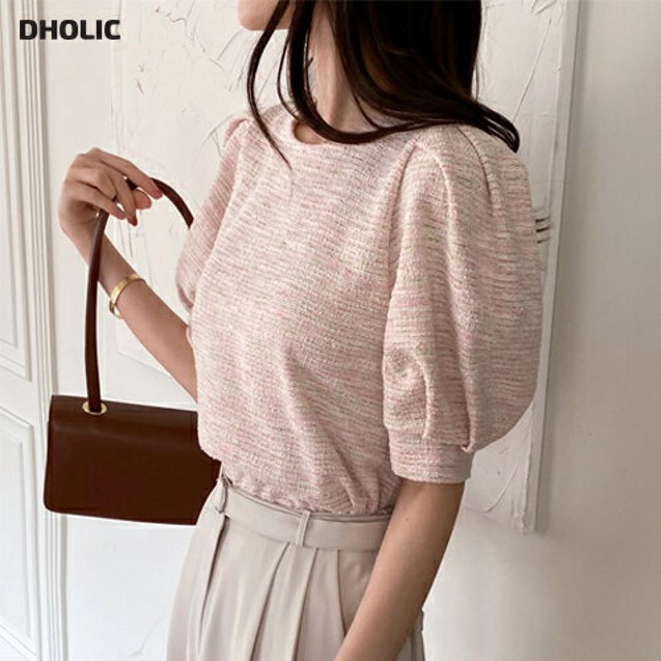 ツイードラウンドパフブラウス・全3色・t71882 レディース 【bl】ブラウス トップス 半袖 ツイード 柄 模様 ラウンドネック パステル 春 夏 パフ袖 パフスリーブ 二の腕カバー フェミニン ガーリー 上品 韓国ファッション ハイホリHIHOLLI