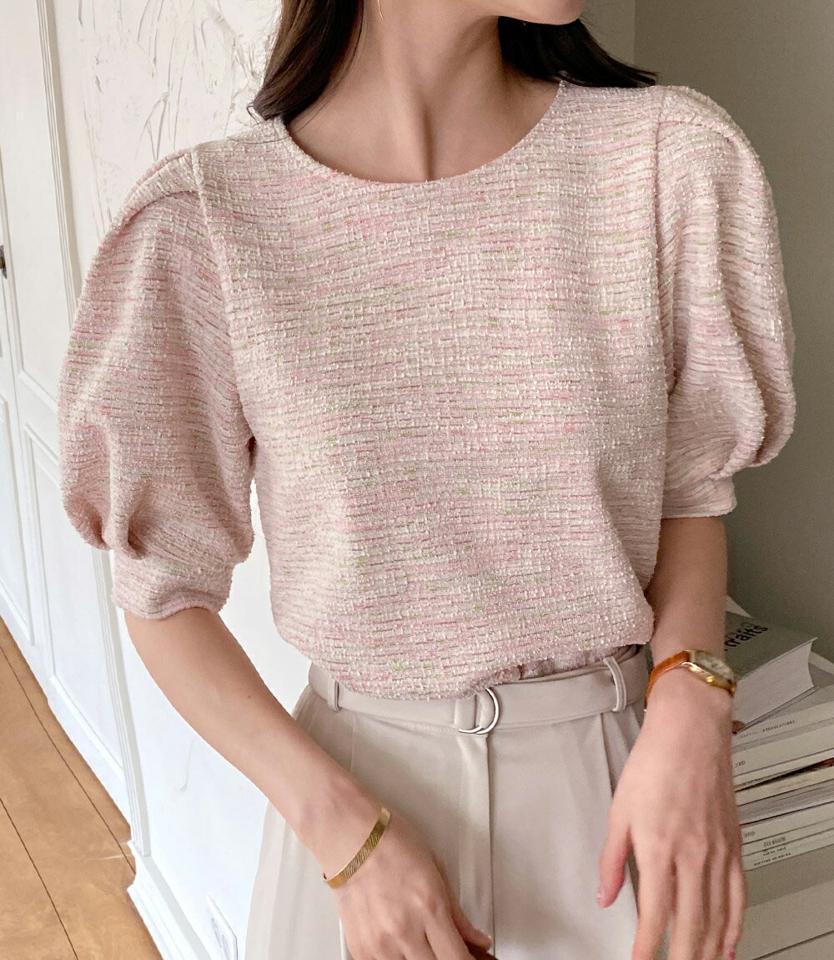 ツイードラウンドパフブラウス・全3色・t71882 レディース 【bl】ブラウス トップス 半袖 ツイード 柄 模様 ラウンドネック パステル 春 夏 パフ袖 パフスリーブ 二の腕カバー フェミニン ガーリー 上品 韓国ファッション ハイホリHIHOLLI