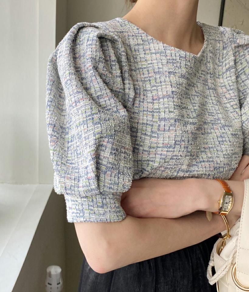 ツイードラウンドパフブラウス・全3色・t71882 レディース 【bl】ブラウス トップス 半袖 ツイード 柄 模様 ラウンドネック パステル 春 夏 パフ袖 パフスリーブ 二の腕カバー フェミニン ガーリー 上品 韓国ファッション ハイホリHIHOLLI