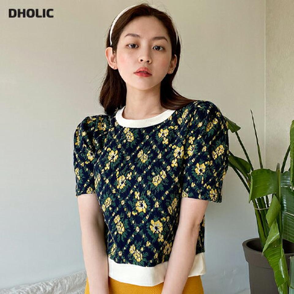 2TYPEフローラル半袖ニット・全3色・t00314 レディース 【tops】韓国ファッション トップス ニット 大人 半袖 ラウンドネック 花柄 フラワー フローラル クロップド丈 パフスリーブ シンプル フェミニン カジュアル デイリー 夏 春 秋