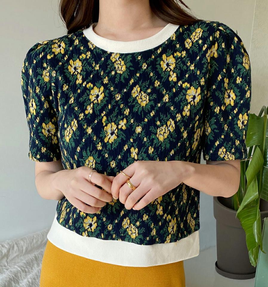 2TYPEフローラル半袖ニット・全3色・t00314 レディース 【tops】韓国ファッション トップス ニット 大人 半袖 ラウンドネック 花柄 フラワー フローラル クロップド丈 パフスリーブ シンプル フェミニン カジュアル デイリー 夏 春 秋