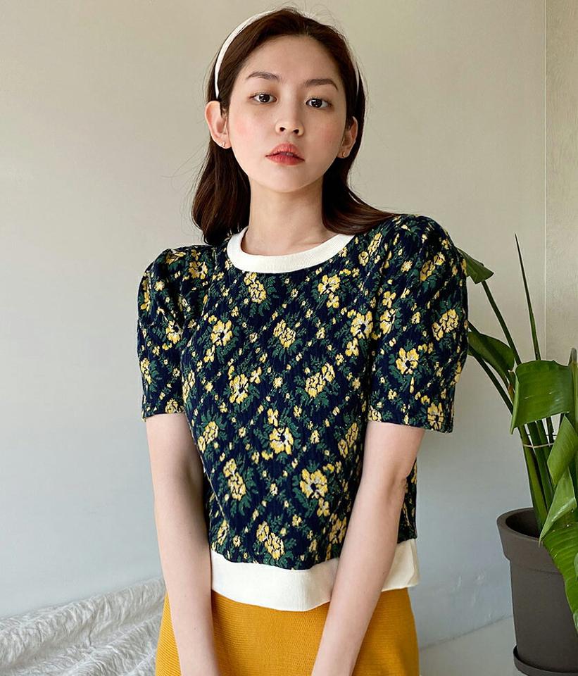 2TYPEフローラル半袖ニット・全3色・t00314 レディース 【tops】韓国ファッション トップス ニット 大人 半袖 ラウンドネック 花柄 フラワー フローラル クロップド丈 パフスリーブ シンプル フェミニン カジュアル デイリー 夏 春 秋