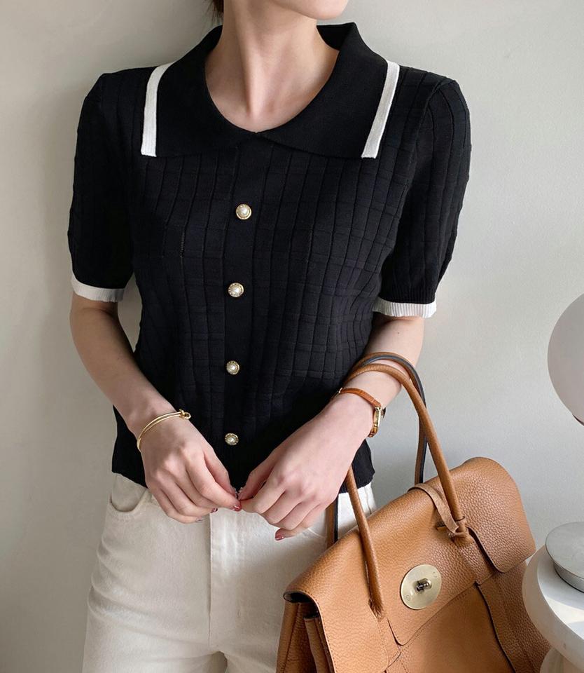 フェイクパールカラー配色ニット・全3色・b71889 レディース 【tops】トップス 半袖 ニット 配色 模様 柄 ボタン パール調 春 夏 襟 襟コン ポロ襟 チェック 編み クロップド丈 カジュアル 韓国ファッション ハイホリHIHOLLI