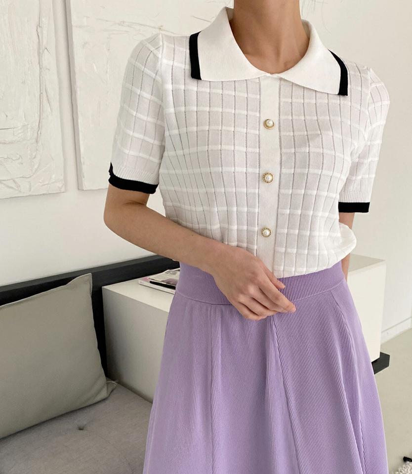 フェイクパールカラー配色ニット・全3色・b71889 レディース 【tops】トップス 半袖 ニット 配色 模様 柄 ボタン パール調 春 夏 襟 襟コン ポロ襟 チェック 編み クロップド丈 カジュアル 韓国ファッション ハイホリHIHOLLI