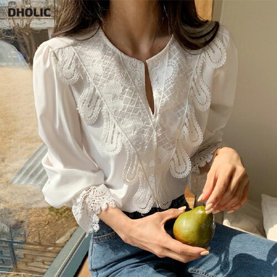 ≪人気商品再入荷≫スカラップレースコントラストブラウス・全2色・b00288 レディース 【bl】韓国ファッション トップス ブラウス 長袖 ネックスリット スカラップレース コントラスト ユニーク シンプル かわいい カジュアル フェミニン 春 秋
